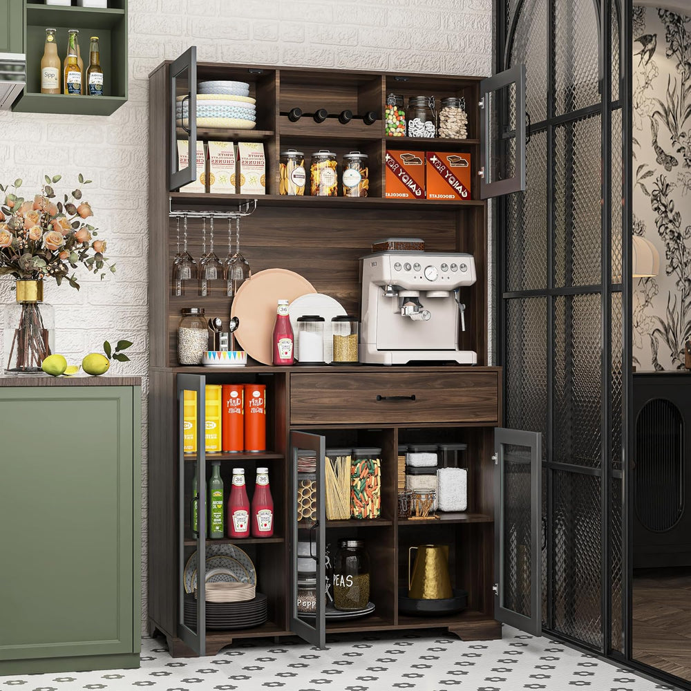 Fatmok 71" Tall Pantry Cabinet with Glass Doors, Kitchen Hutch Storage C...
