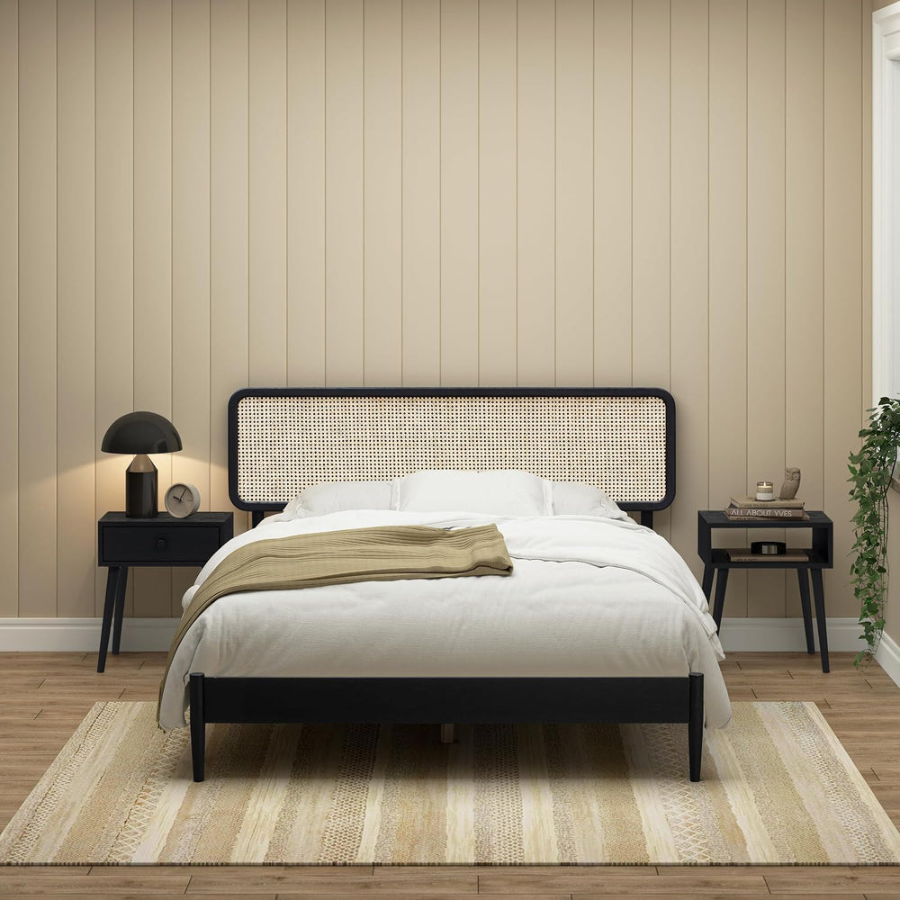 NTC Lupin Wooden Bed Frame with Headboard and Natural Rattan, Solid Oak Found...