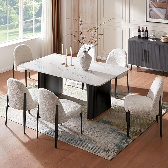 Morden Fort Boucle Dining Chairs Set of 4, Thick Upholstered Chairs with Metal Legs & Curved Backrest, Post Modern Minimalist Chair for Dining Room, Kitchen, Living Room, Bedroom, Apartments, White