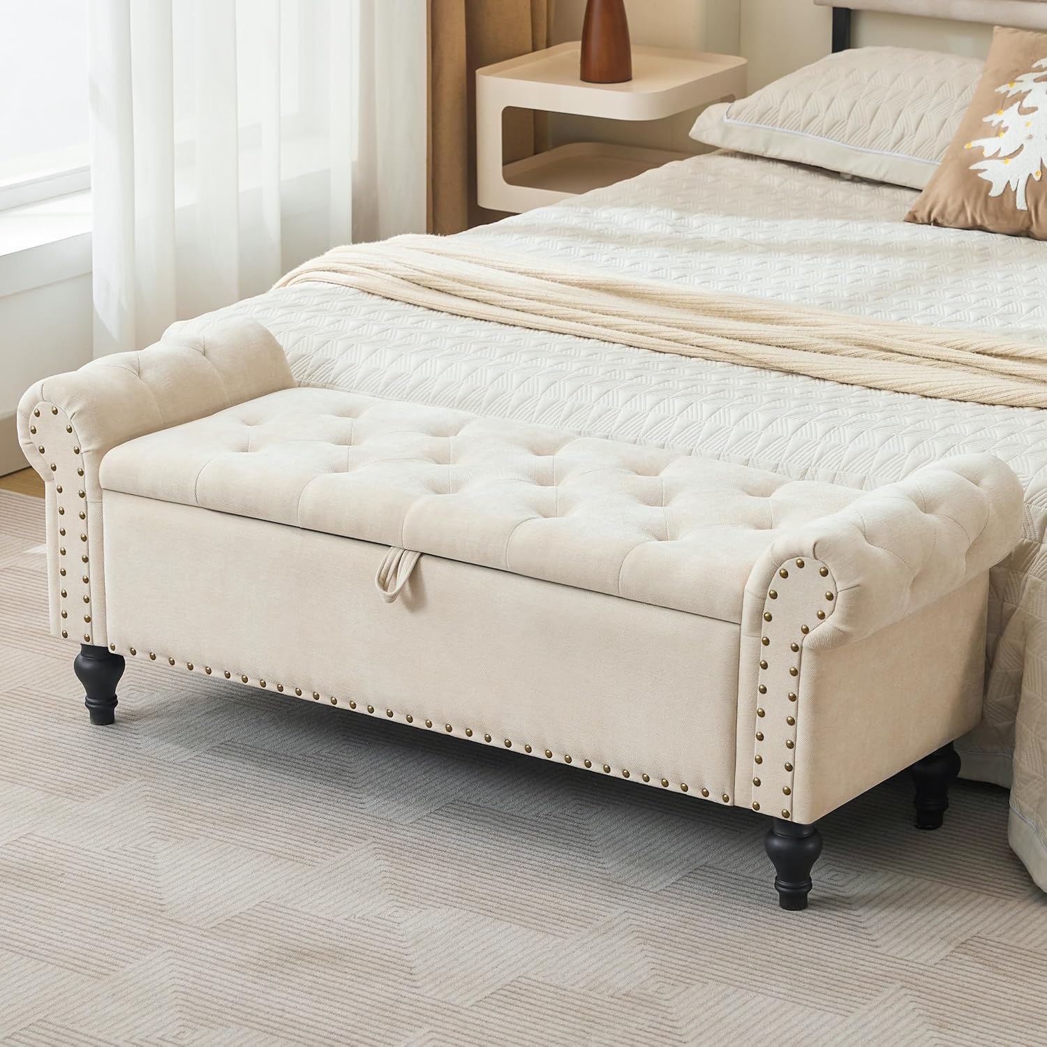 Howjoe 51" Bedroom Storage Bench, End of Bed Bench, Chenille Upholstered Benches, Ottoman with Storage, Window Benches with Rolled Arm and Nailhead Trim for Living Room, Entryway, Beige