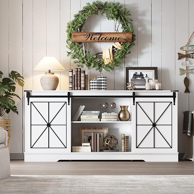 Farmhouse TV Stand for 65/60/55 Inch Tvs, Modern Entertainment Center with Storage Cabinets & Sliding Barn Doors, Rustic Media Console Table, Wood Television Furniture for Living Room, Bedroom, White
