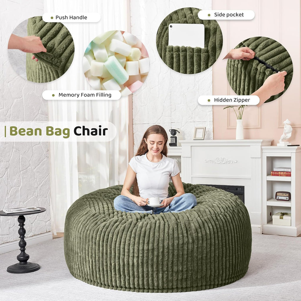 HABUTWAY 4FT Bean Bag Chair, 4' Large Bean Bag Chairs for Adults with Removable Stripe Plush Cover, Memory Foam Beanbag Chair for Living Room Bedroom Dorm (Green)