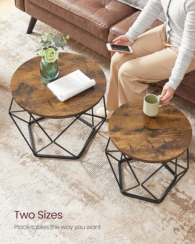 VASAGLE Small Coffee Table Set of 2, Round Coffee Table with Steel Frame, Sid...