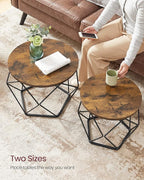 VASAGLE Small Coffee Table Set of 2, Round Coffee Table with Steel Frame, Side End Table for Living Room, Bedroom, Office, Rustic Brown and Ink Black