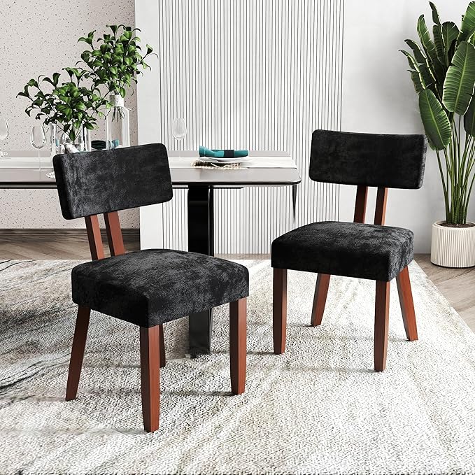 GOTMINSI Mid Century Modern Dining Chairs,Velvet Farmhouse Upholstered Kitchen Chairs, Accent Curved Backrest Dining Room Chairs with Hardwood Legs (Black, 6PCS-Walnut Legs)