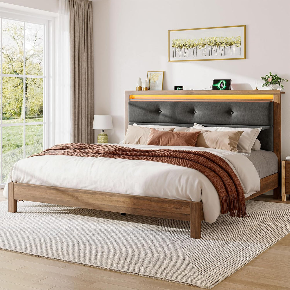 EnHomee King Size Bed Frame with Upholstered Storage Headboard,Grey