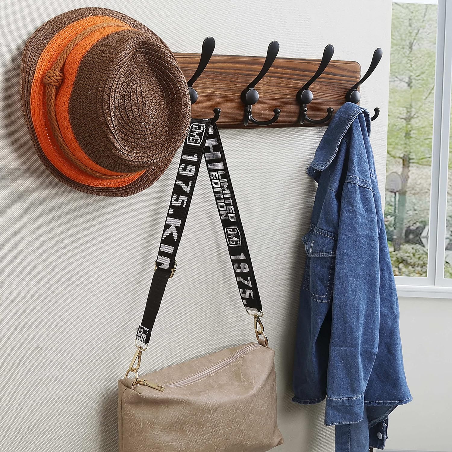 Dseap Coat Rack Wall Mounted - 5 Tri Hooks, Heavy Duty, Wooden Wall Coat Hanger Coat Hook for Clothes Hat Jacket Clothing, Natural & Black, 2 Packs