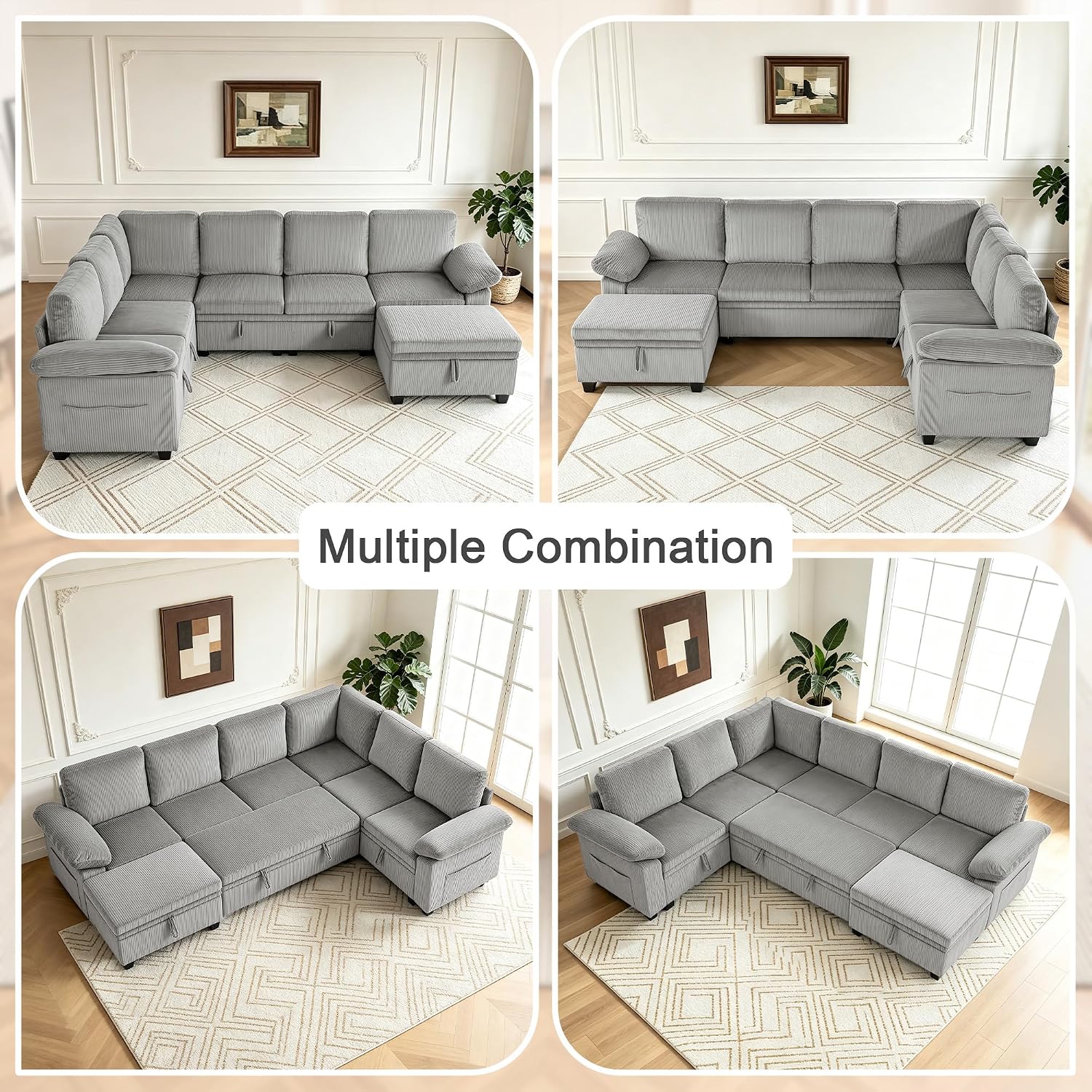 108″ Sectional Sleeper Sofa with Pull Out Bed, Modular Sectional Couch with Storage, L Shpaed 7-Seats Chenille Cloud Couch, Modular Sofa Bed for Living Room, Apartment, Office (Light Gray, 7 Seats)