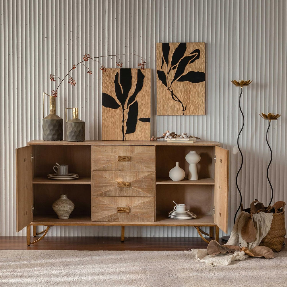59.44" Light Wood Sideboard, Geometric Relief Buffet with 3 Drawers &amp...