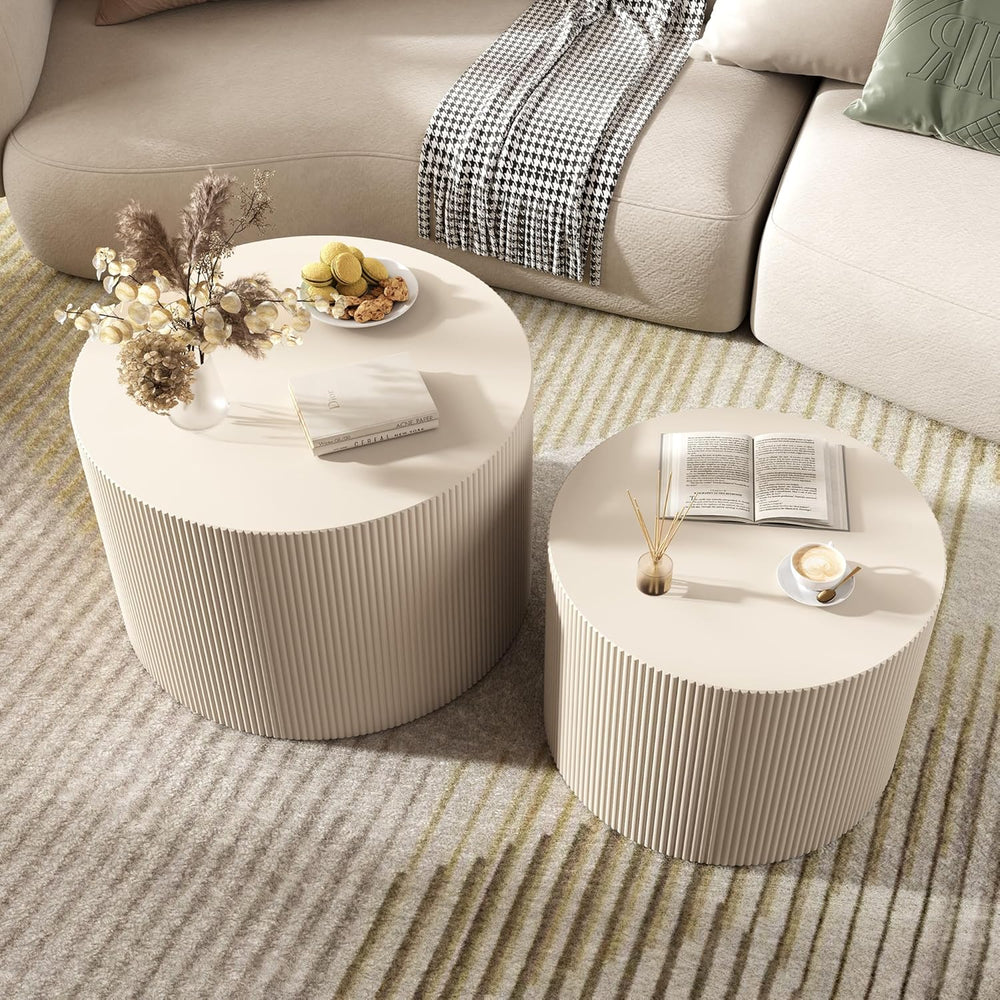 Round Coffee Table Set of 2, Modern Wooden Beige Nesting Coffee Tables for Li...