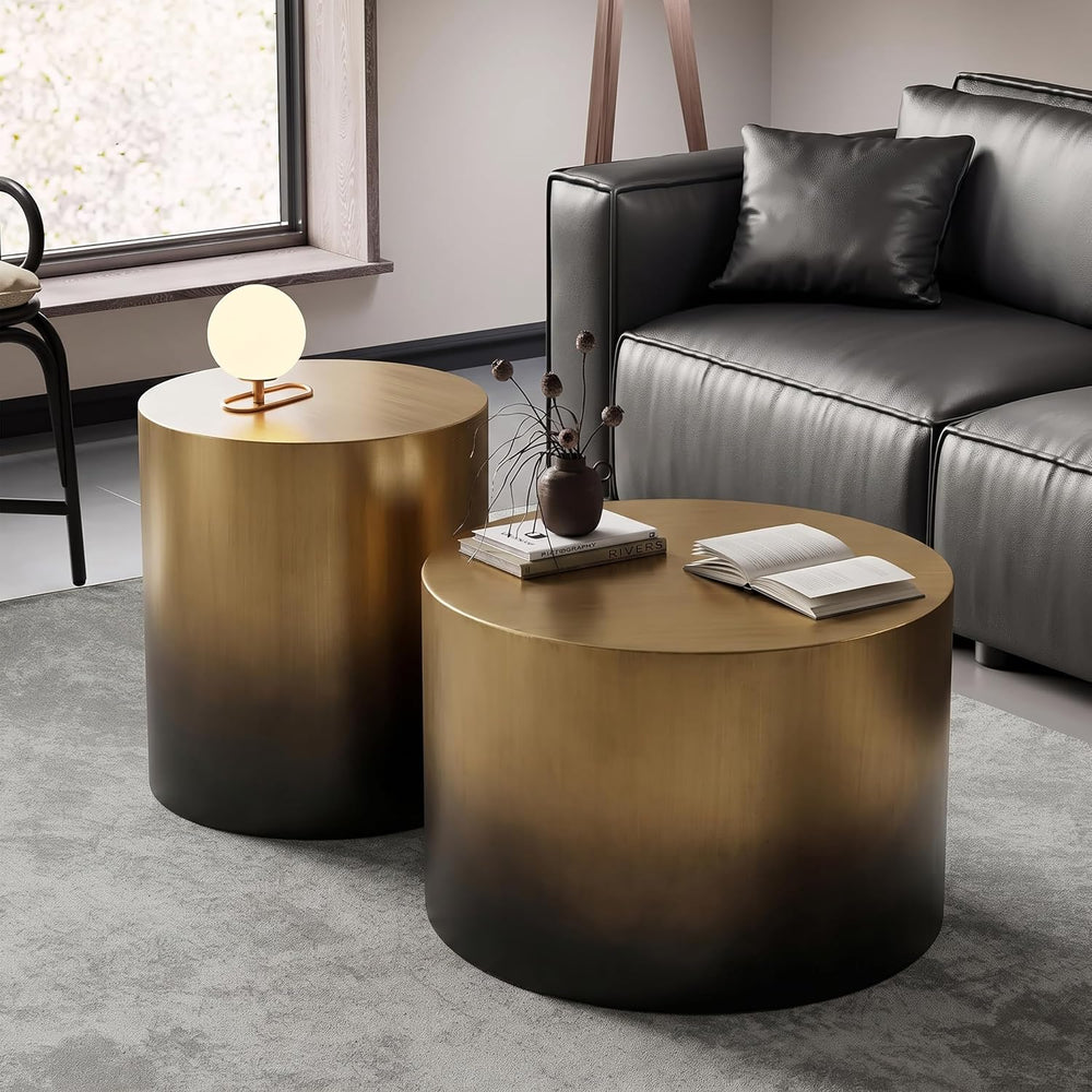 Merax 2-Piece Ombre Gradient Brass Black Iron Drum Table Set | Round Cylindri...