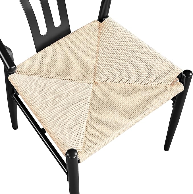 Yaheetech Weave Dining Chairs Set of 4 Mid-Century Modern Dining Room Chairs with Weave Hemp Seat and Metal Legs for Kitchen, Living Room, Restaurant, Black