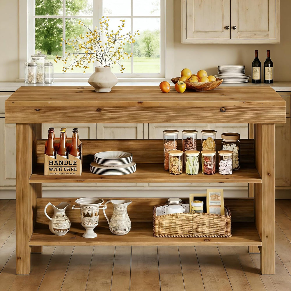 55" Solid Wood Kitchen Island with Storage, Farmhouse Kitchen Island Tab...