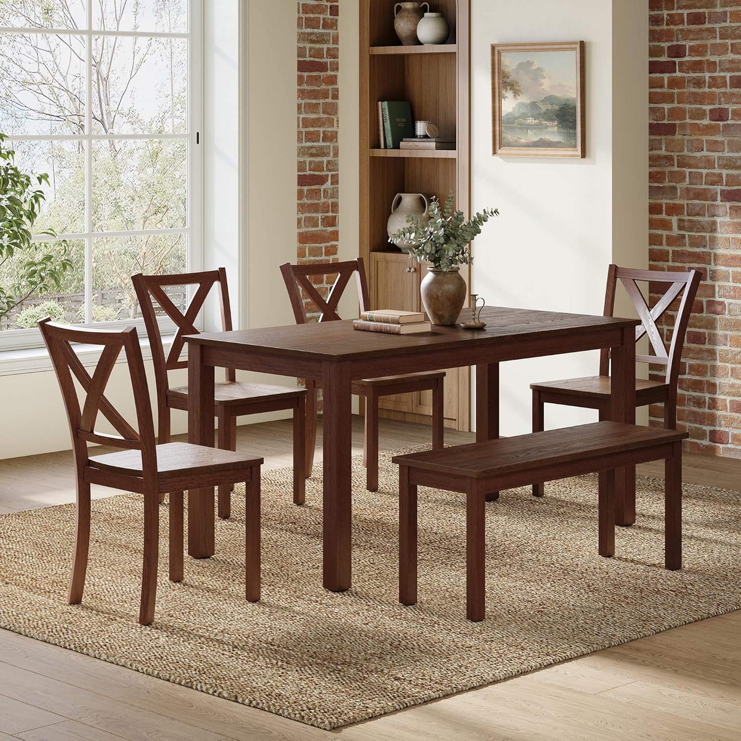 AMERLIFE 6-Piece Farmhouse Dining Table Set, 59" Wooden Kitchen Table with 4 Chairs and Bench, Space-Saving Rustic Dining Room Set for 6, Walnut