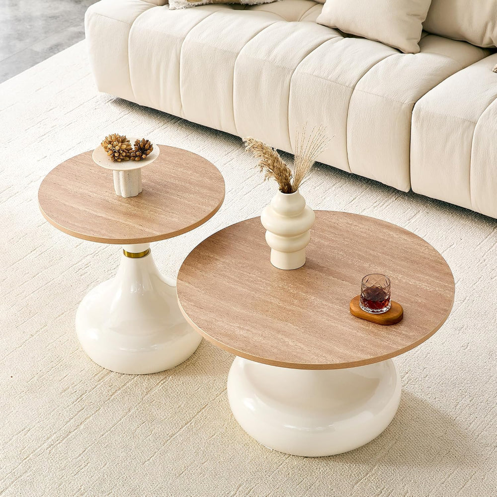 2-Piece Nesting Coffee Table Set, Light Wood Grain, Gold Metal Base | Nesting...