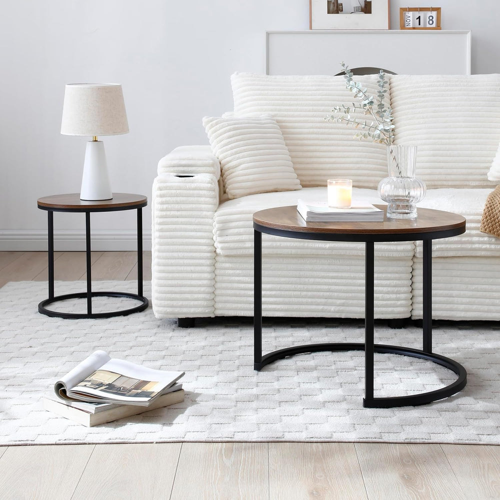 Nesting Coffee Table, Round Coffee Tables with Walnut Top and Black Metal Fra...