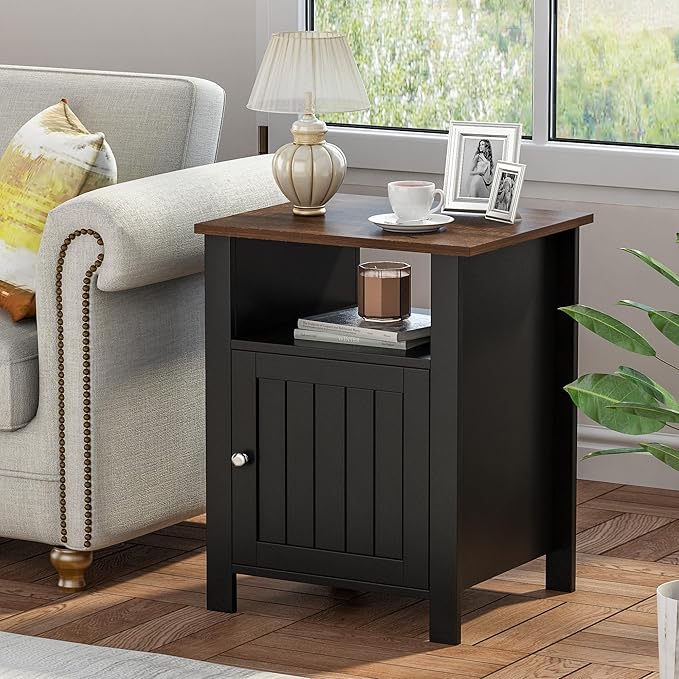 ChooChoo Nightstands Set of 2, Rustic Vintage End Side Table with Storage for Bedroom Living Room, Black&Brown