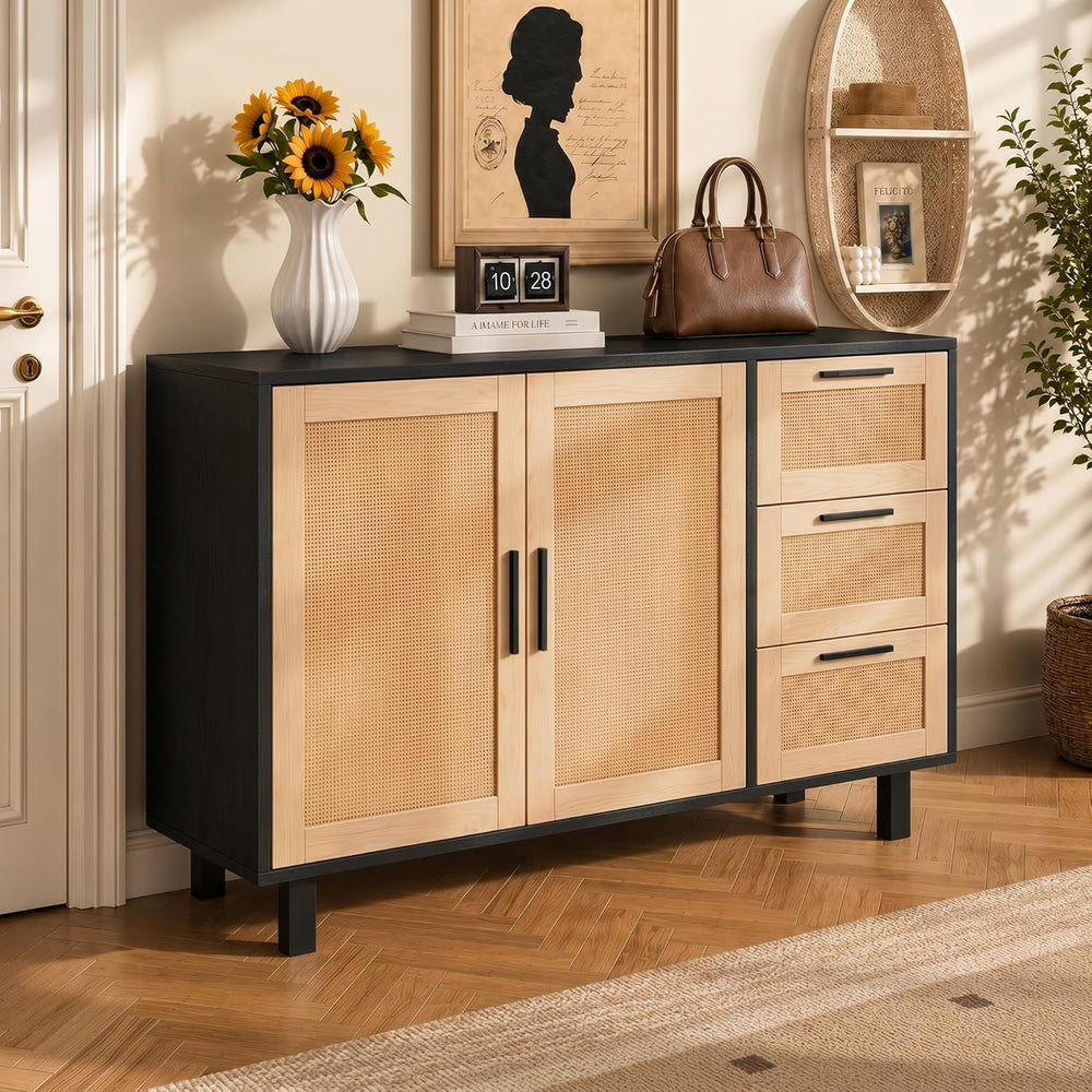 GREEN PARTY 47" Black Rattan Sideboard Buffet Cabinet, Coffee Bar Cabine...