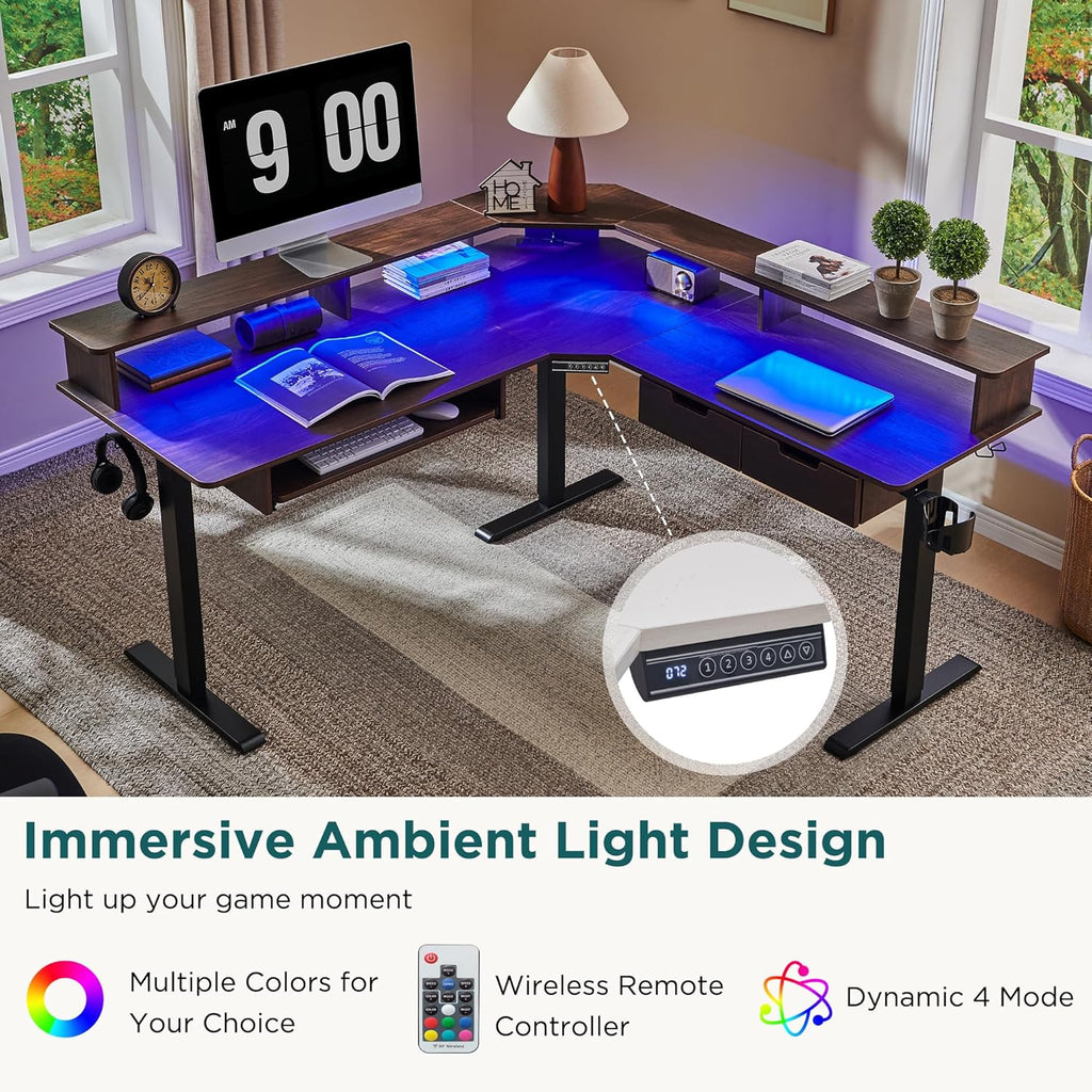 RedLemon 60 Inches L Shaped Electric Standing Desk, Height Adjustable Corner Gaming Desk with Drawers, Keyboard Tray, Power Outlets & LED Lights, Computer Desk with Monitor Shelf, Dark Walnut