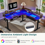 RedLemon 60 Inches L Shaped Electric Standing Desk, Height Adjustable Corner Gaming Desk with Drawers, Keyboard Tray, Power Outlets & LED Lights, Computer Desk with Monitor Shelf, Dark Walnut