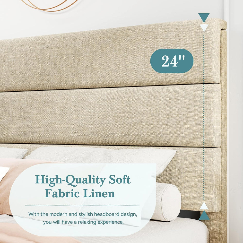 HOOMIC Queen Size Bed Frame with Headboard, Fabric Upholstered Platform Bed w...