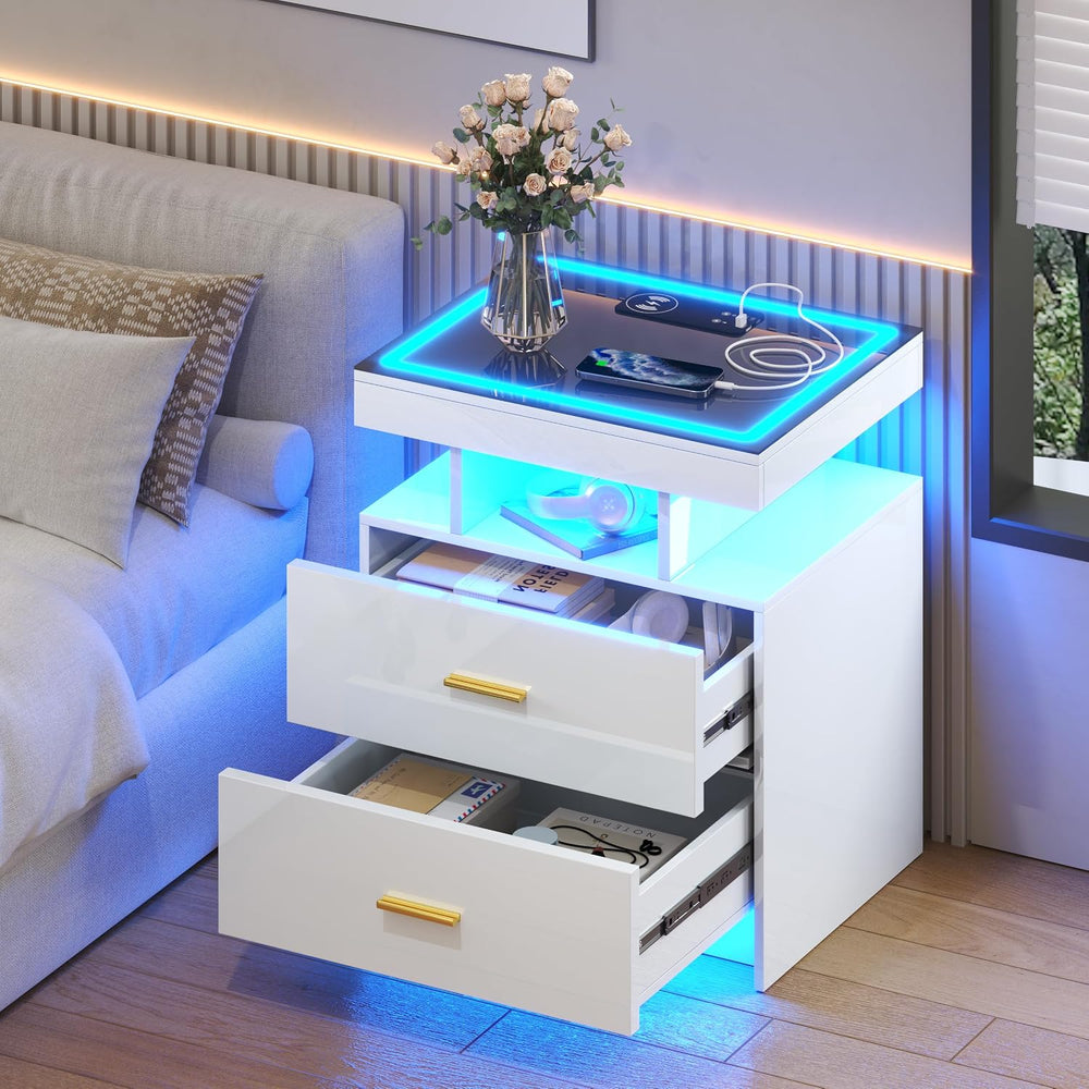 LED Nightstand Set 2 with Charging Station,Motion Senor,White | Night Stand w...