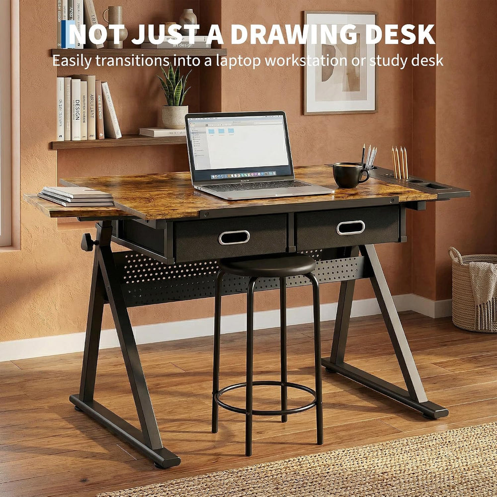 Industrial Minimalist Drafting Desk with Stool | Adjustable Tilting Artist Ta...