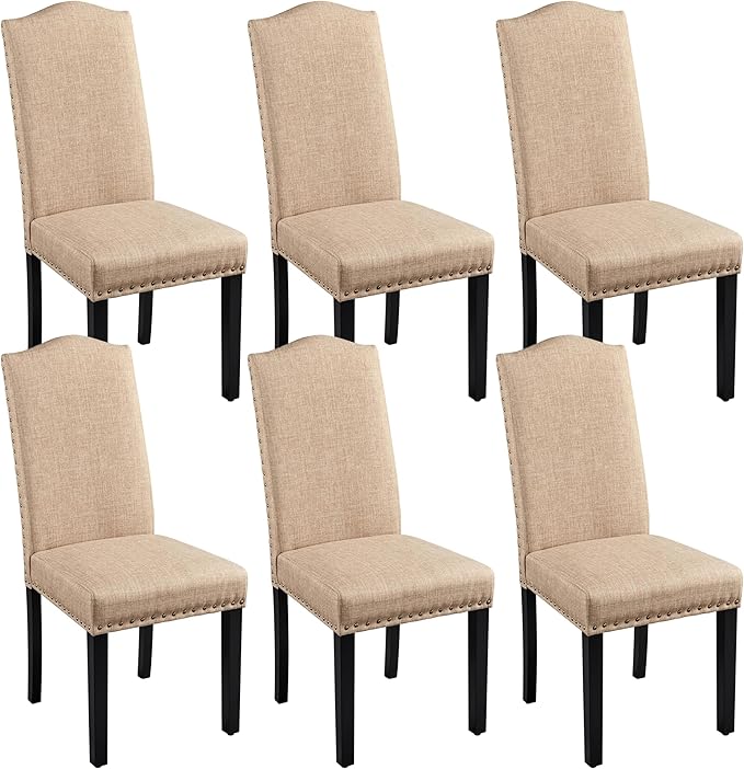 Yaheetech Upholstered Dining Chairs Set of 6, Modern Kitchen Chairs with Nailhead Trims and Solid Wood Legs for Dining Room, Living Room, Restaurant, Fabric Armless Design, Khaki