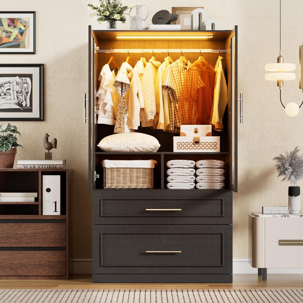 PAKASEPT Armoire Wardrobe Closet with Glass Door and Drawers, Bedroom Closet ...