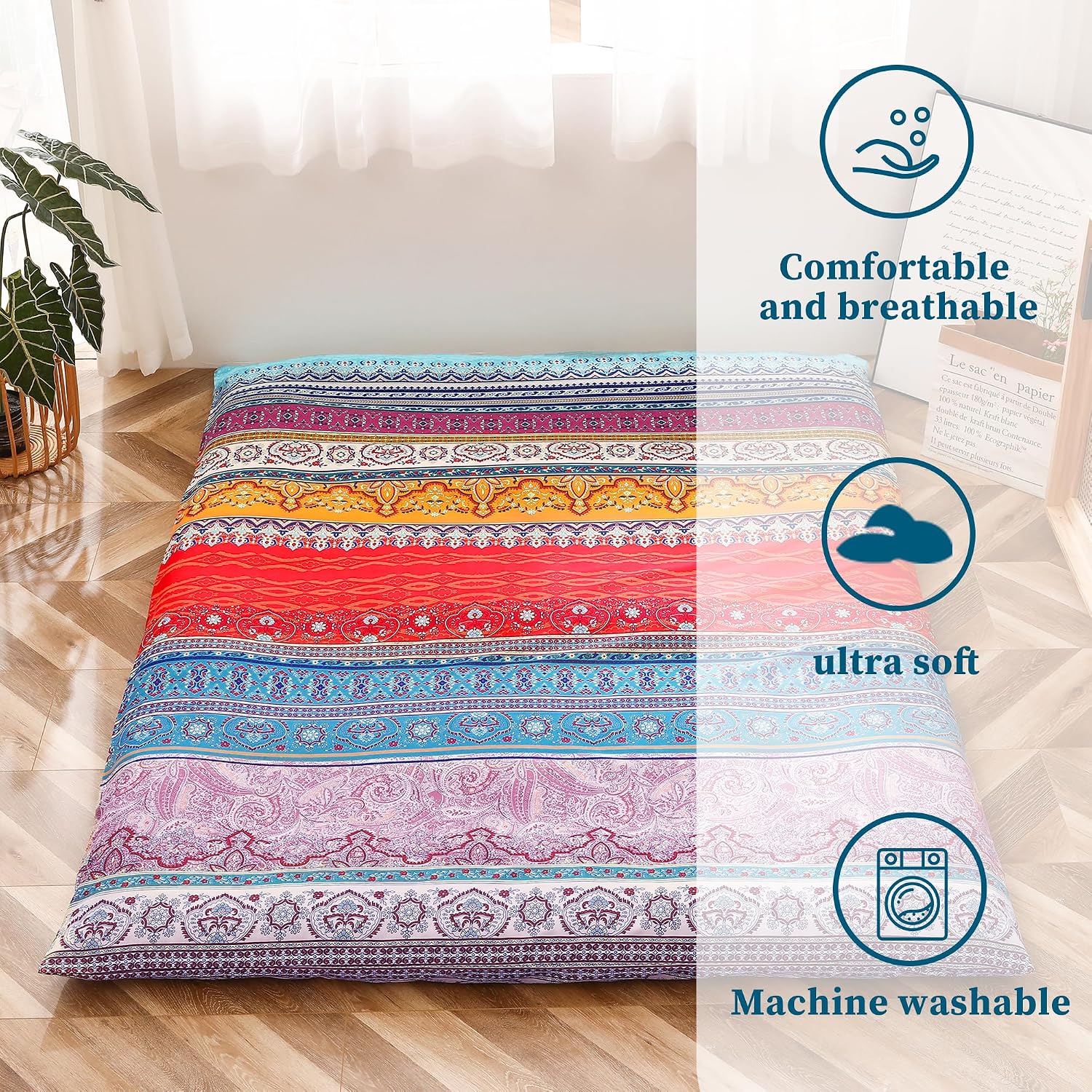 MAXYOYO Mattress Cover for Traditional Japanese Futon Mattress | Futon Floor Mats Cover with Zipper, Super Soft and Machine Washable, Boho Style, Twin