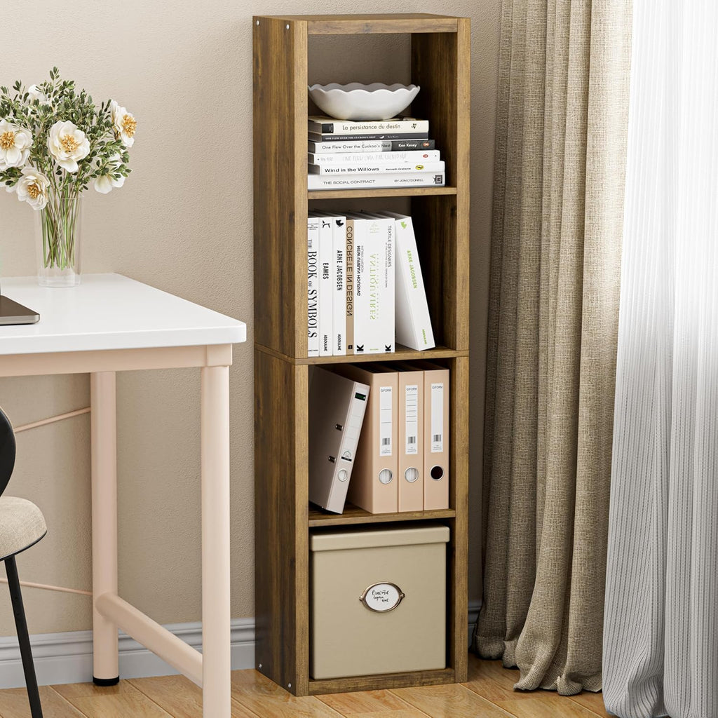 Cube Storage Organizer Bookcase, Small 4 Tier 11 inch Open Back Cubical Shelf with Thickened Border, Display Bookshelf for Living Room, Home Office, Sturdy Room (Brown, 4 Cube,Vertical)