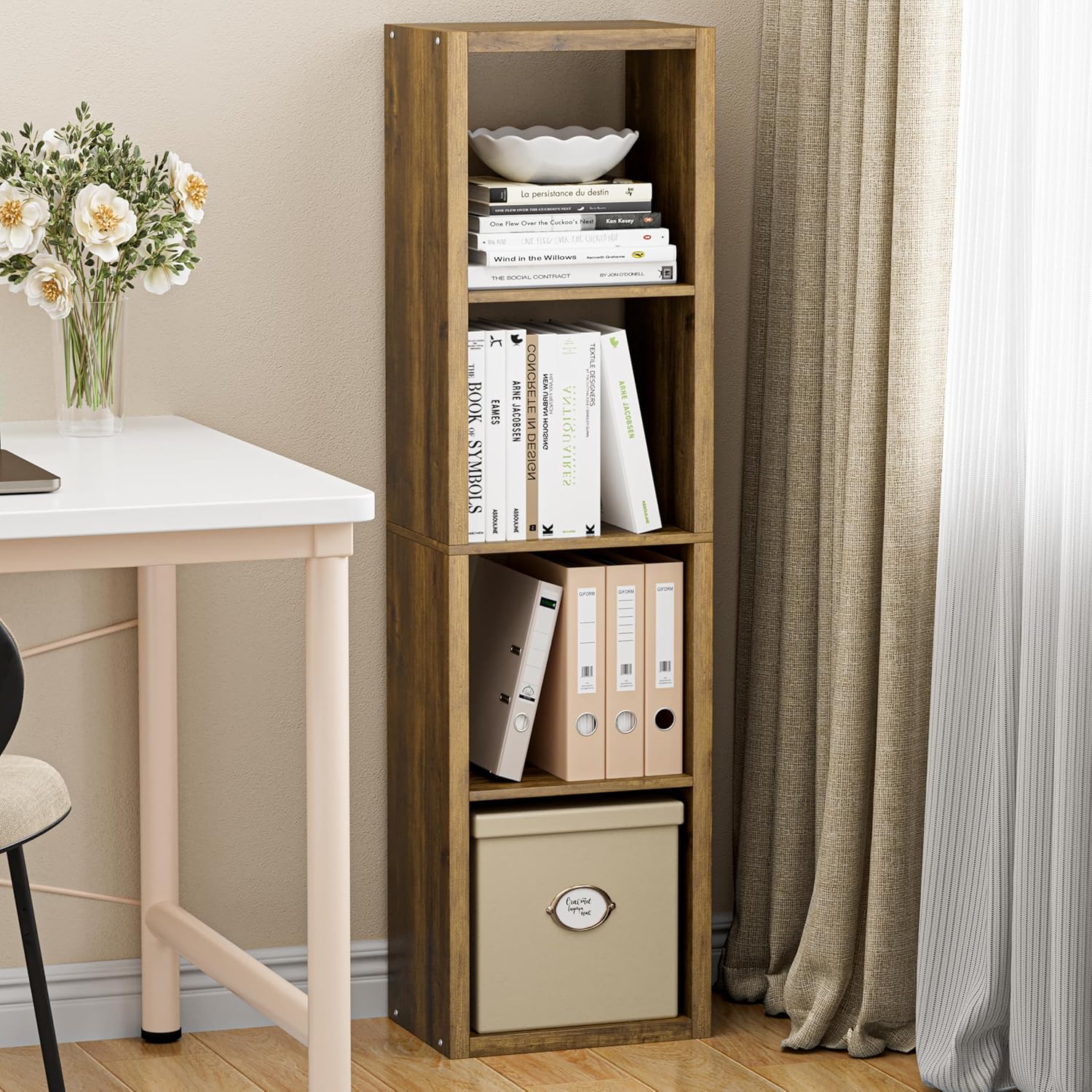 Cube Storage Organizer Bookcase, Small 4 Tier 11 inch Open Back Cubical Shelf with Thickened Border, Display Bookshelf for Living Room, Home Office, Sturdy Room (Brown, 4 Cube,Vertical)