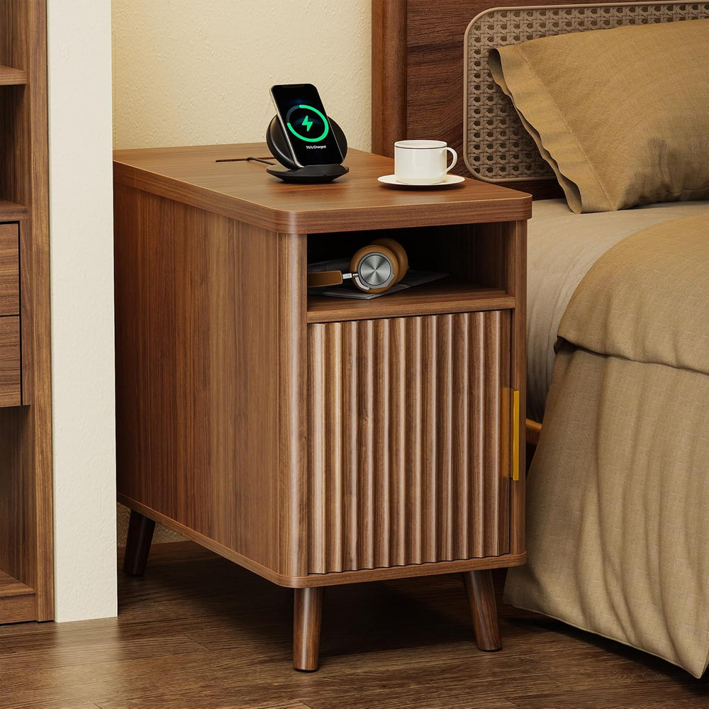 Huuger Narrow End Table with Charging Station, USB-C Port, Fluted Nightstand ...