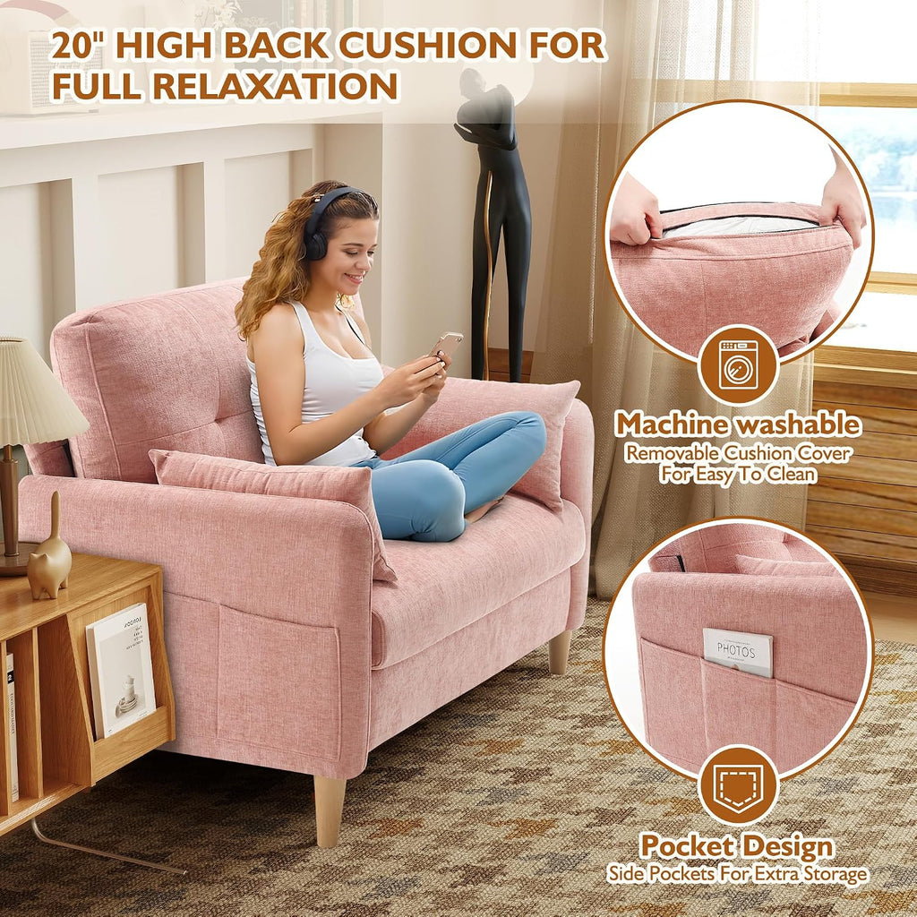 Urhanherry 47" Small Sofa Couch for Bedroom, Soft Chenille loveseat Mini Couch with Throw Pillow and Removable Cushion Cover for Small Spaces, Living Room, Apartment, Dorm, Office(Pink)