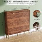Shoe Storage Cabinet for Entryway, 4 Flip Drawers Shoe Cabinet, Mid-Century Modern Walnut Slim Shoe Storage Rack, Narrow Shoe Organizer, Wood Storage Cabinets with Adjustable Shelves