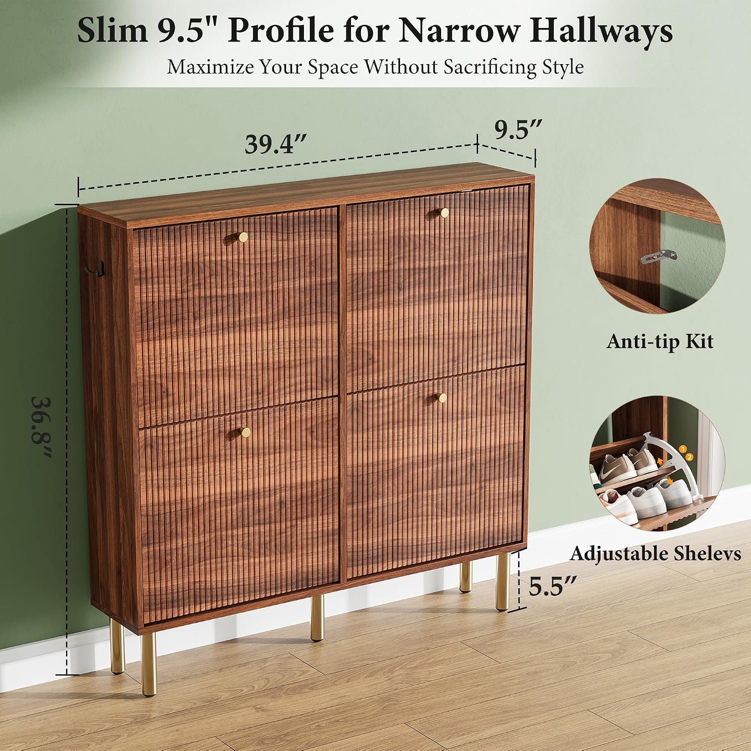 Shoe Storage Cabinet for Entryway, 4 Flip Drawers Shoe Cabinet, Mid-Century Modern Walnut Slim Shoe Storage Rack, Narrow Shoe Organizer, Wood Storage Cabinets with Adjustable Shelves