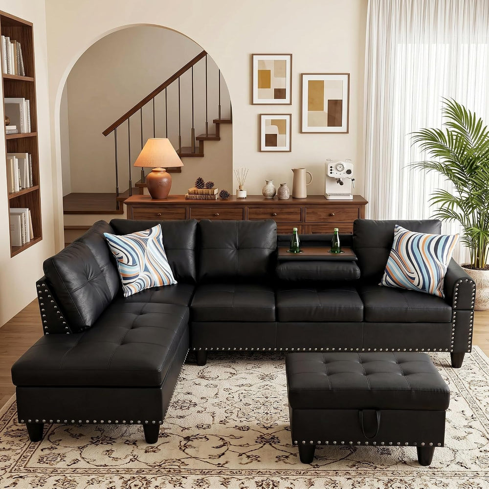 Leather L-Shaped Couch Set, 97.5"L x 69.5"W Sectional Sofas Black |...