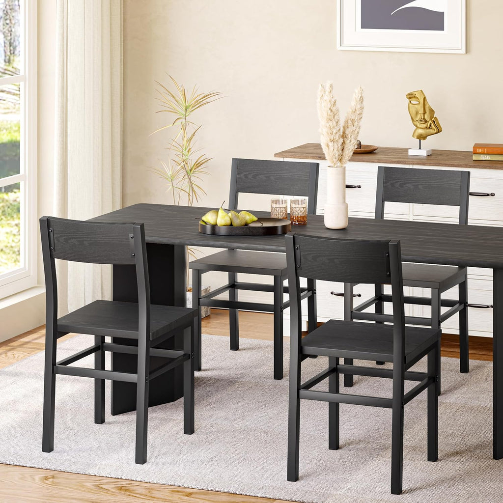 MECHYIN Dining Chairs Set of 4, Rustic Wood Dining Room Chairs with Thickened and Strengthened Metal Steel Frame & Slat Back, Modern Farmhouse Chair for Kitchen, Dining Room (4, Dark Black)
