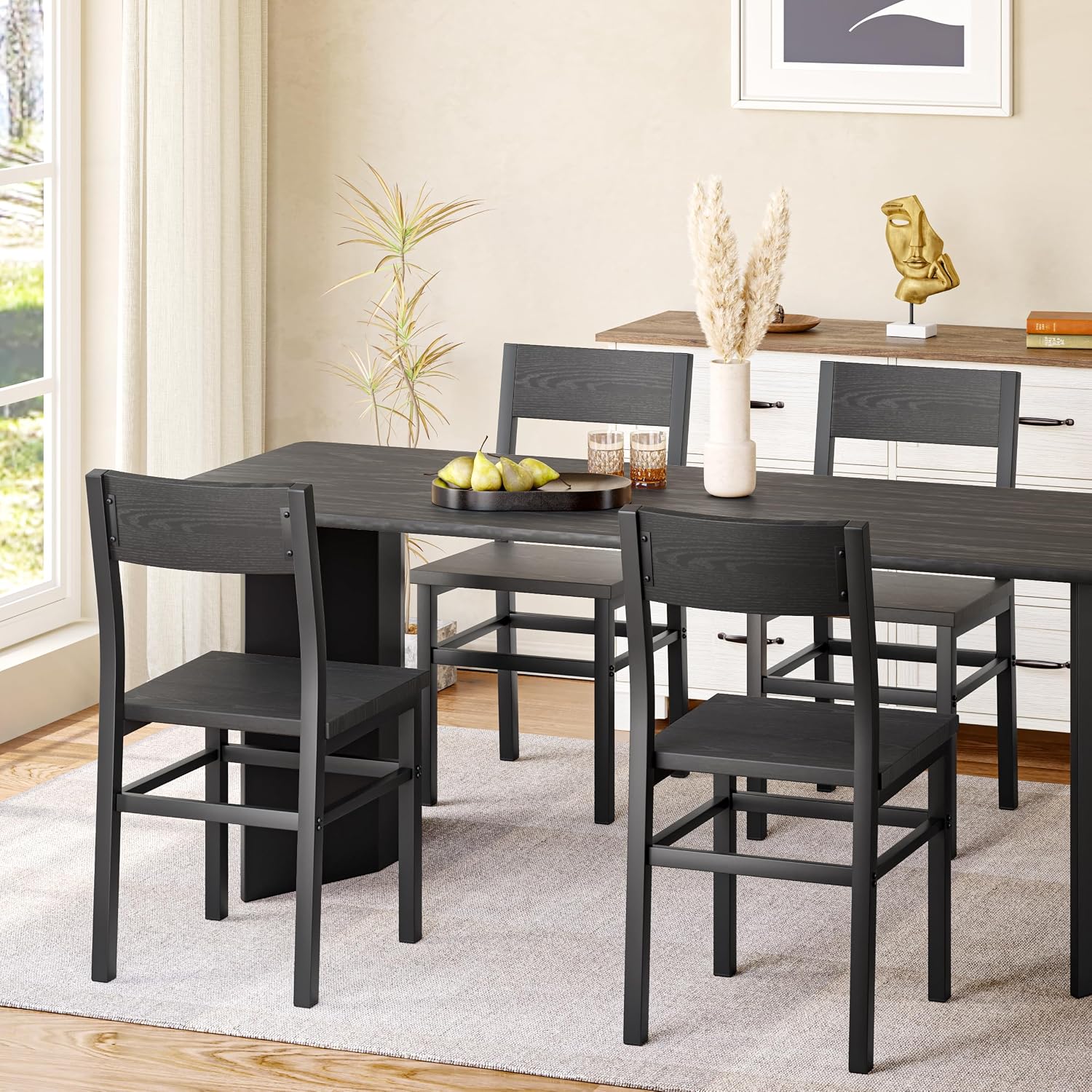 MECHYIN Dining Chairs Set of 4, Rustic Wood Dining Room Chairs with Thickened and Strengthened Metal Steel Frame & Slat Back, Modern Farmhouse Chair for Kitchen, Dining Room (4, Dark Black)