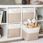 OrganiHaus 13x13 Cube Storage Bins 4 Pack, Foldable Cube Storage Organizer w/ Rope Handles, Collapsible Fabric Bins for Toys, Clothes & Closet Organization, Fabric Square Baskets - Beige/White