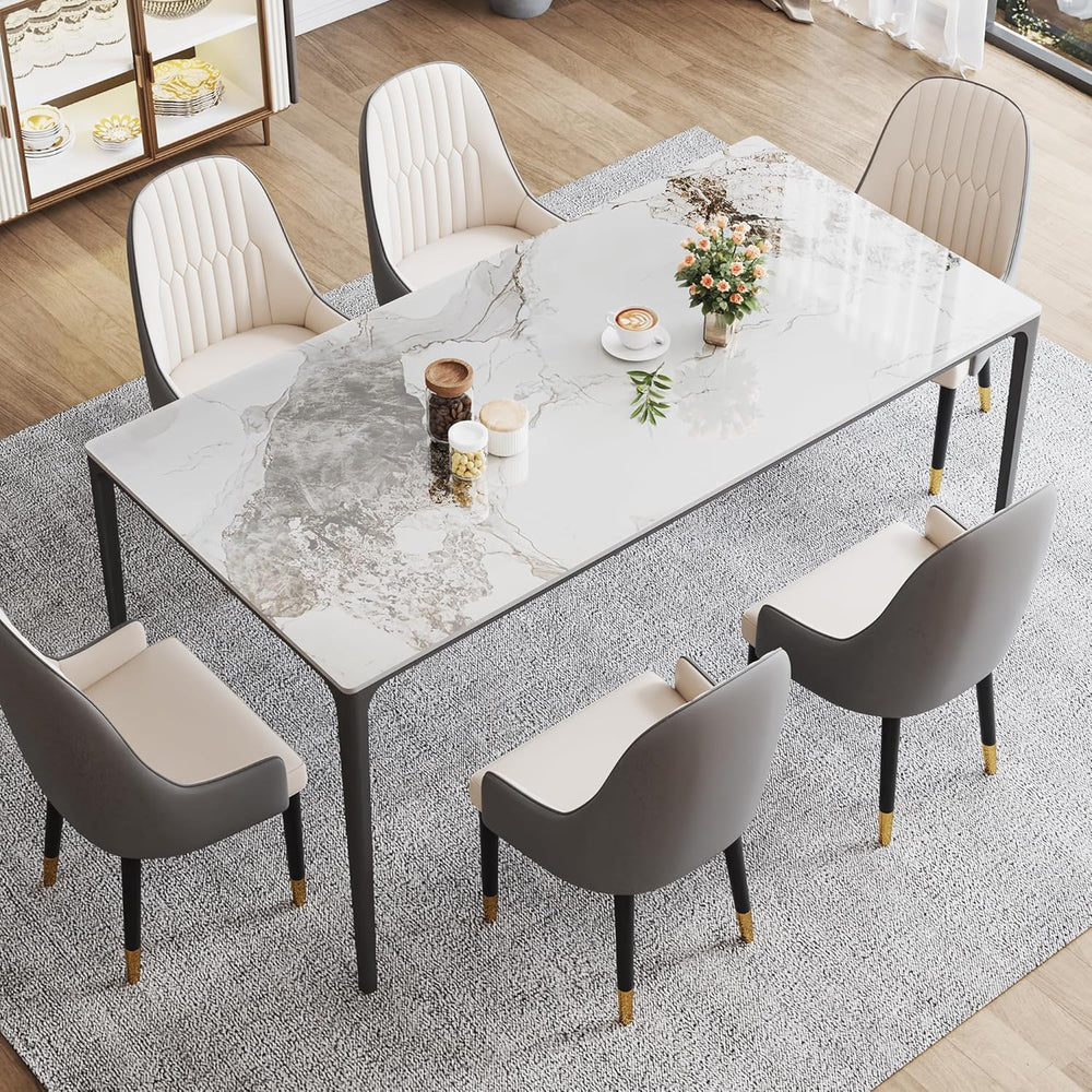 63" Dining Table with Laminate Marble Sintered Stone White Tabletop and ...