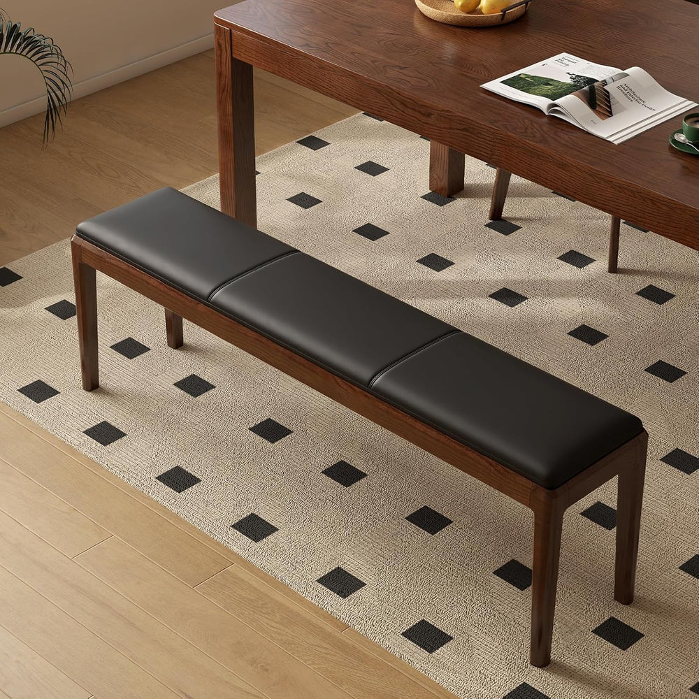 55" Solid Oak Dining Bench with Faux Leather Upholstered Seat, Mid Centu...
