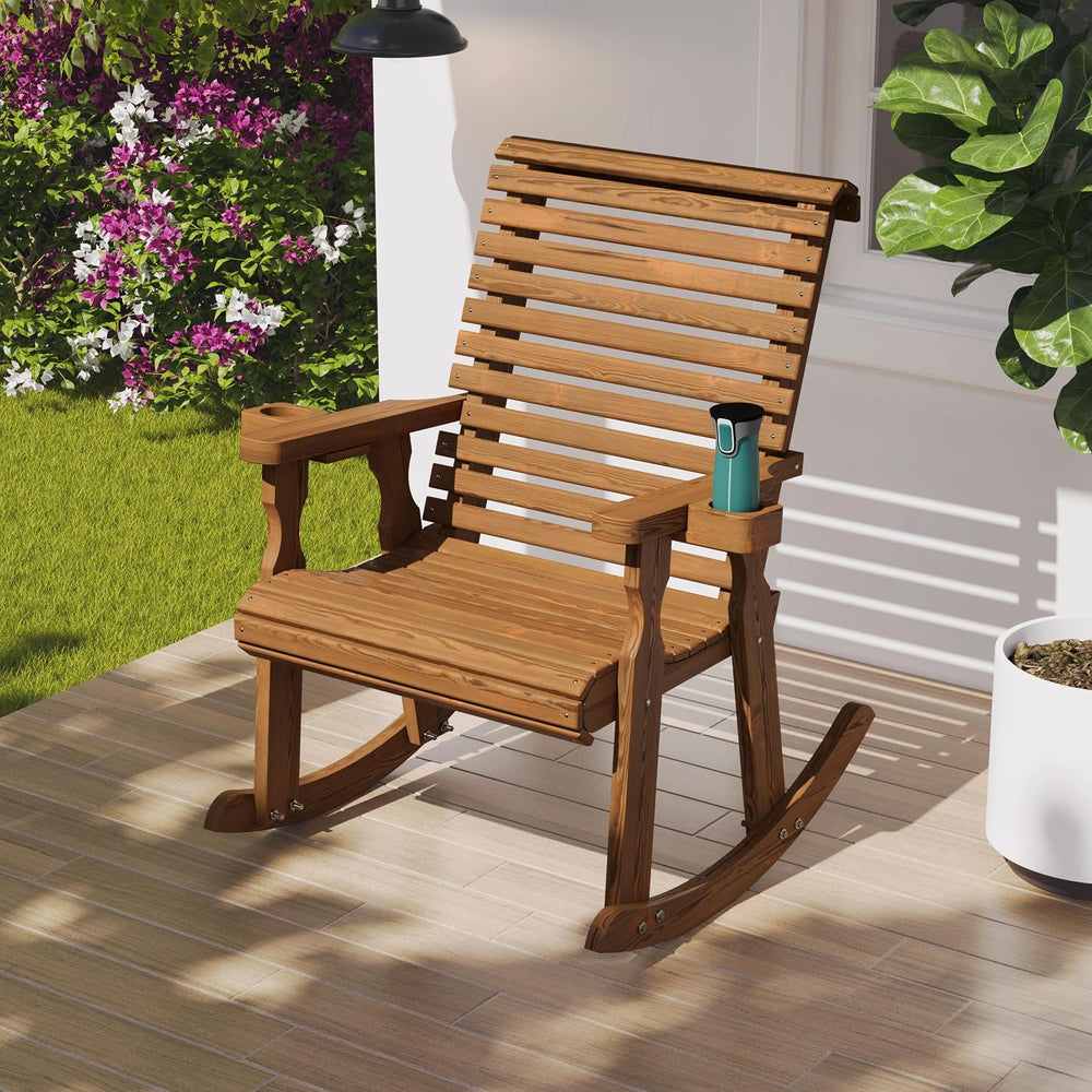 Amish Heavy Duty 600 Lb Roll Back Pressure Treated Rocking Chair with Cuphold...