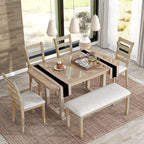 Ball & Cast 6 Piece Wood Dining Table Set with 4 Upholstered Chairs & 1 Bench,Kitchen Table and Chairs for 6 W/ 51.8" Rectangle Desk,for Restaurant,Home Bistro,Natural Wood Wash