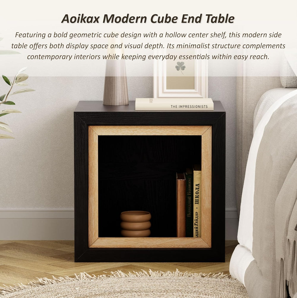 Aoikax Modern Cube End Table with Open Center Shelf, Geometric Wood Side Tabl...