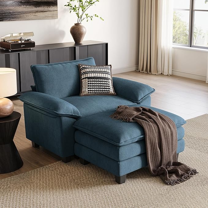 LINSY HOME Cloud Sofa Accent Chair with Ottoman Chaise Lounge Chair Indoor, Corduroy Couch Sofa Chair for Living Room Apartment Bedroom Office, Blue