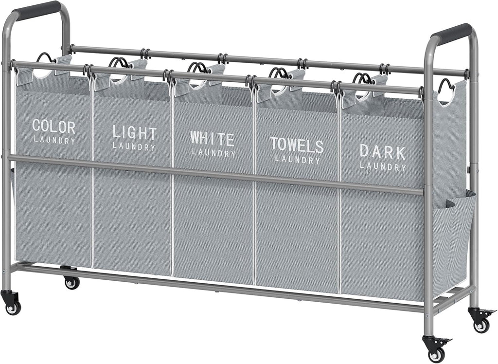 Tajsoon 5 Bag Laundry Sorter Cart, Laundry Hamper Sorter Basket with Heavy Duty Lockable Rolling Wheels for Clothes Storage, Grey & White