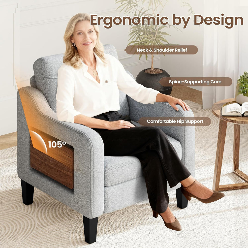 Upholstered Accent Chair with Foldable Side Table for Living Room | 2 Side Po...