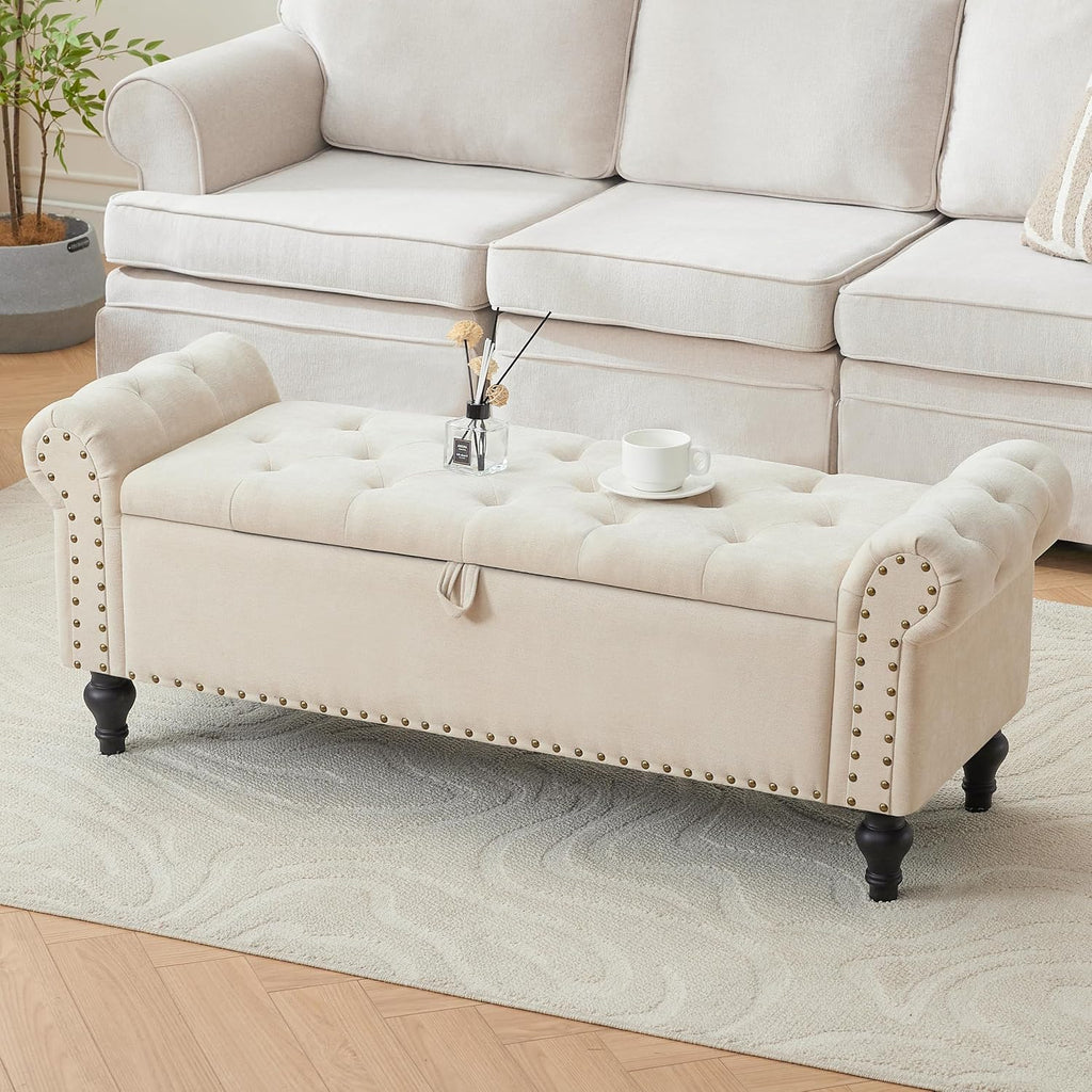 Howjoe 51" Bedroom Storage Bench, End of Bed Bench, Chenille Upholstered Benches, Ottoman with Storage, Window Benches with Rolled Arm and Nailhead Trim for Living Room, Entryway, Beige