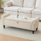 Howjoe 51" Bedroom Storage Bench, End of Bed Bench, Chenille Upholstered Benches, Ottoman with Storage, Window Benches with Rolled Arm and Nailhead Trim for Living Room, Entryway, Beige